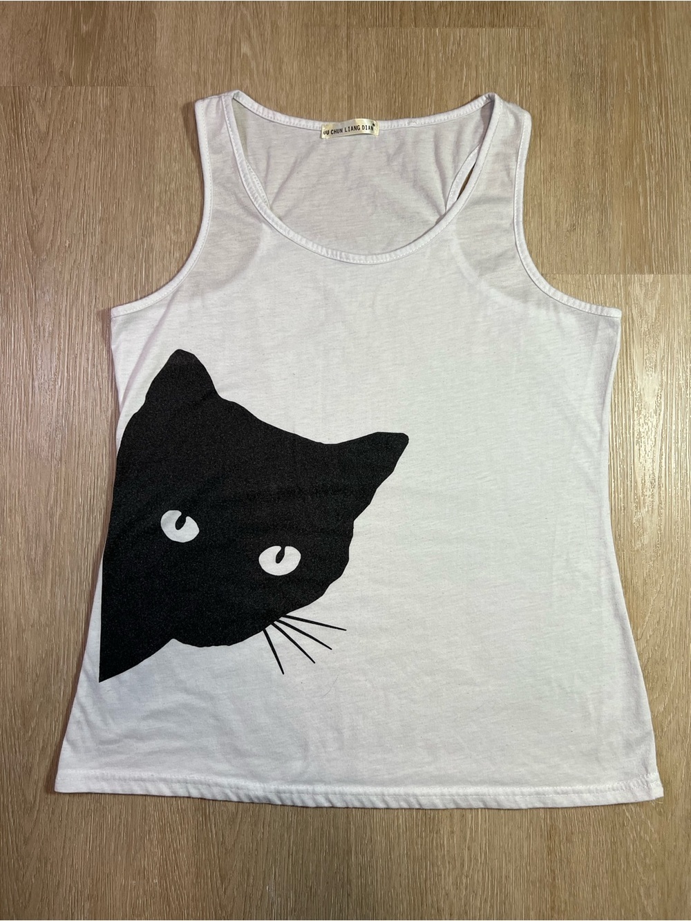 White Tank Top with Black Cat Print Semi-Sheer